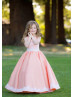Scoop Neck White Lace Coral Satin Corset Back Flower Girl Dress
